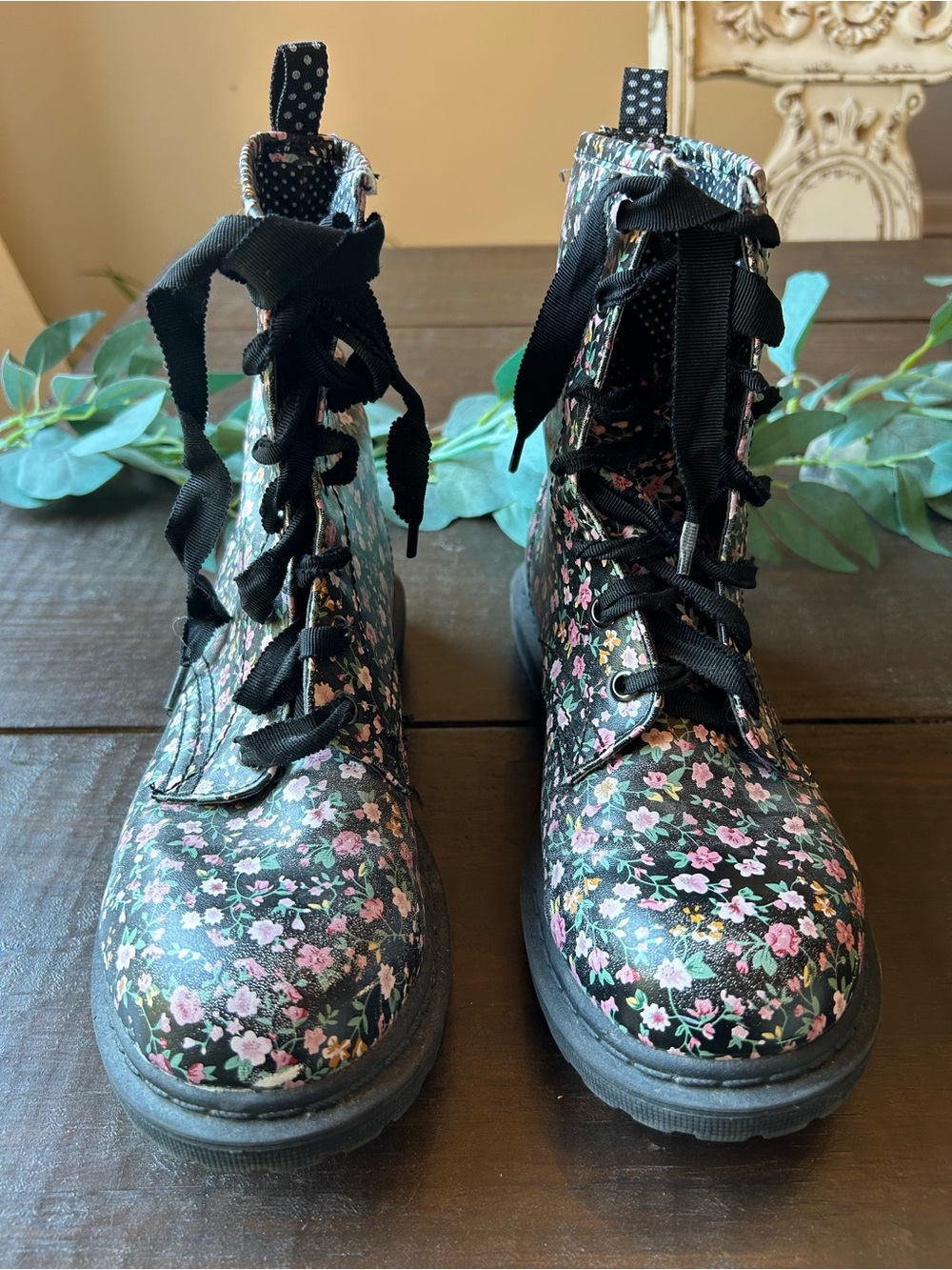 Floral Lace-Up Combat Boots - Black with Pink Flowers